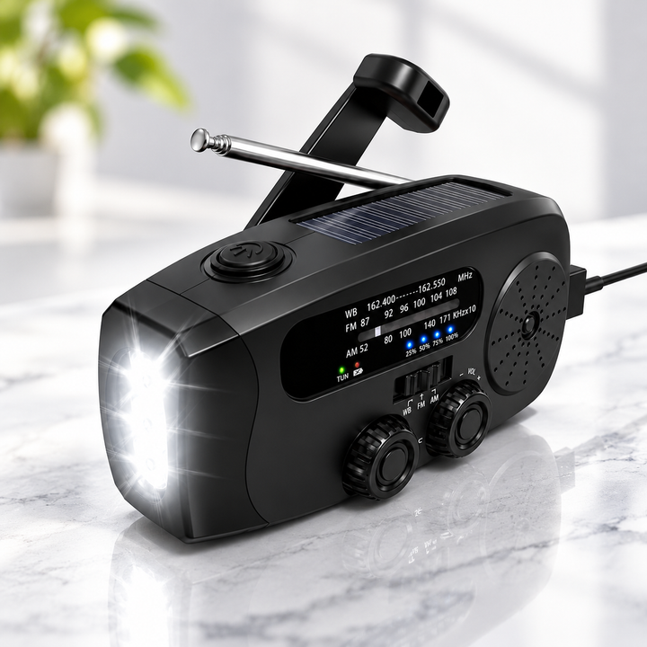 Compact Emergency Radio Hand Crank Solar USB C 2000mAh Flashlight SOS