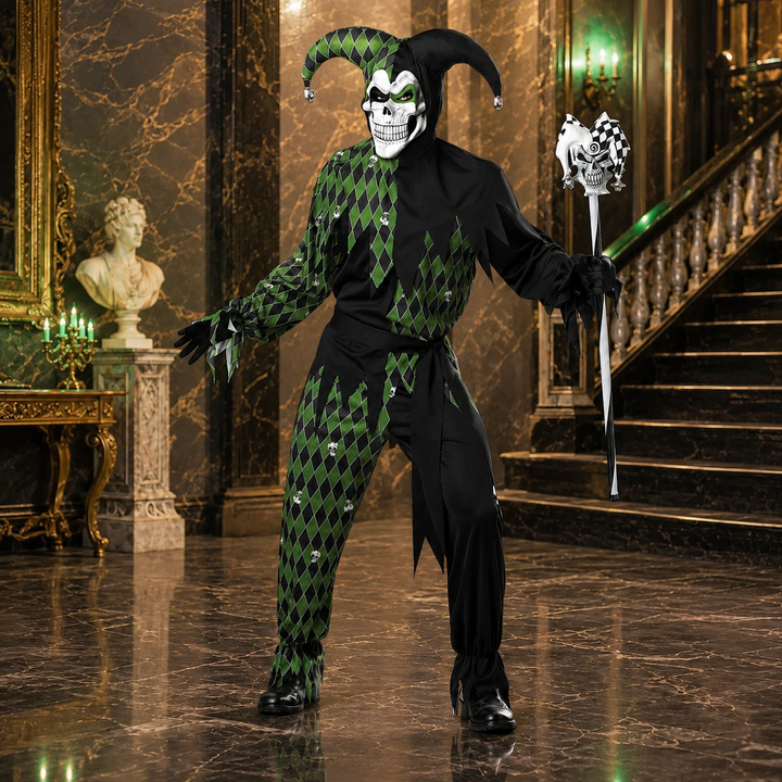 Court Jester Harlequin Costume with Skull Staff Halloween Outfit