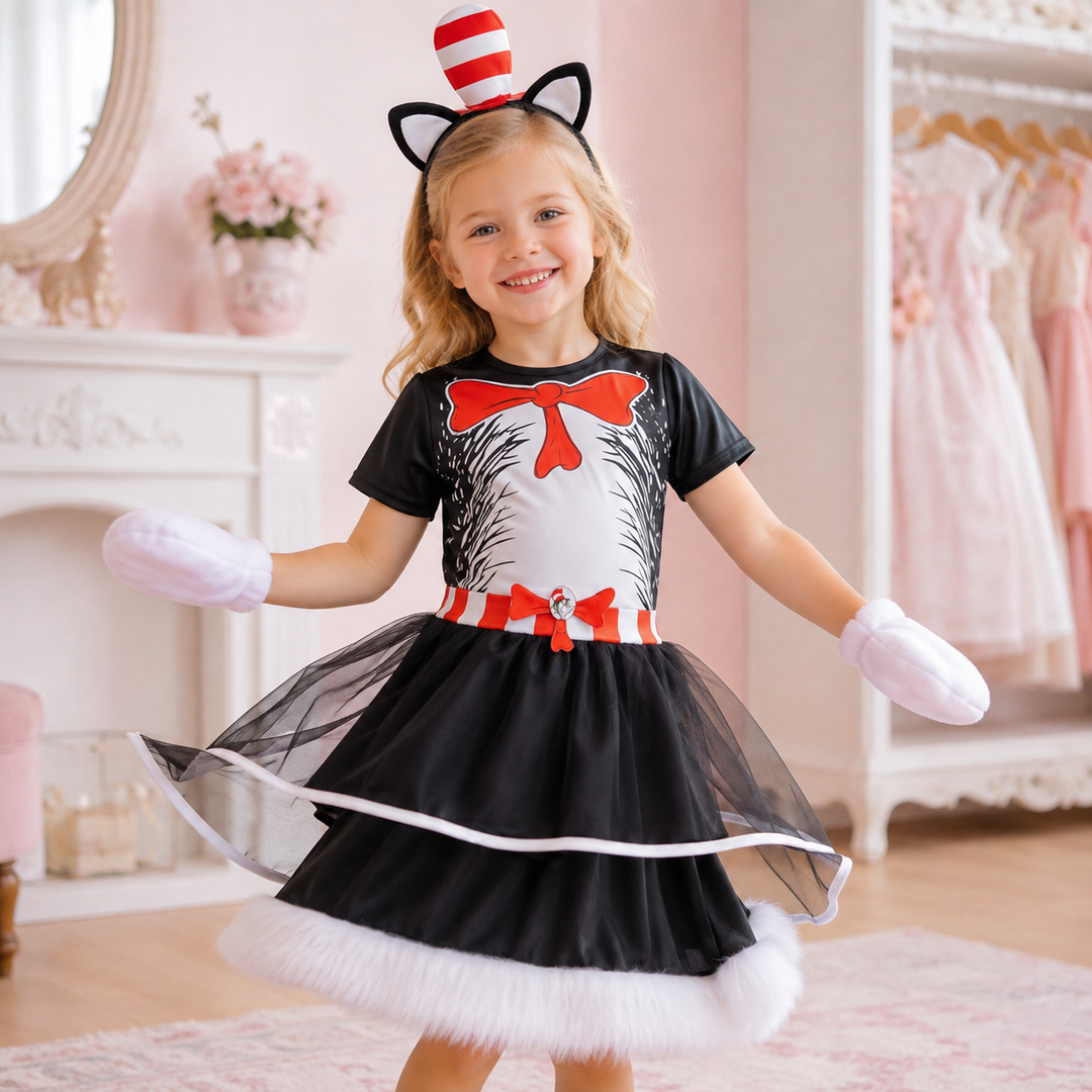 Kids Cat in the Hat Costume Jumpsuit Dress and Hat Set