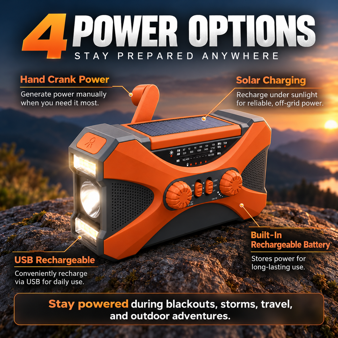 Rugged Emergency Radio Hand Crank Solar 10000mAh 3 Mode Flashlight SOS