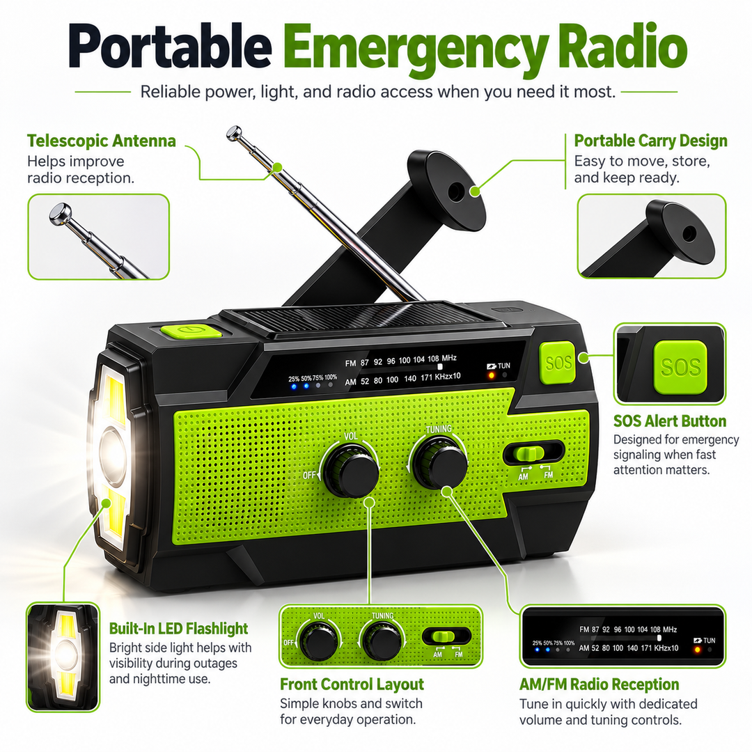 Emergency Radio Hand Crank Solar 4000mAh Power Bank SOS Flashlight