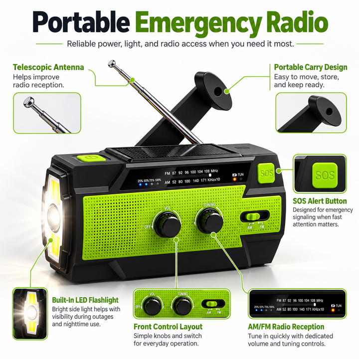 Emergency Radio Hand Crank Solar 4000mAh Power Bank SOS Flashlight