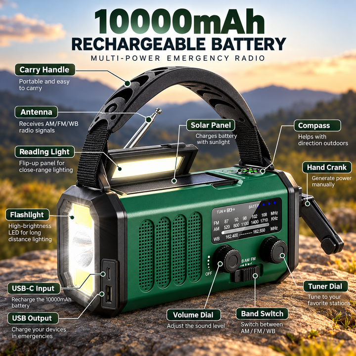 Solar Hand Crank Emergency Radio 10000mAh Power Bank USB C Flashlight