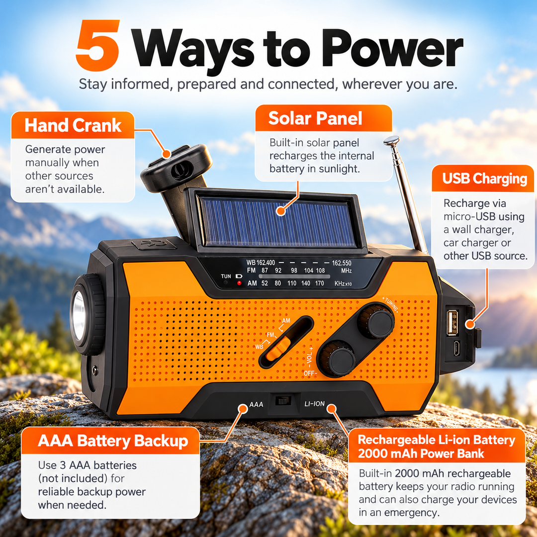 NOAA Weather Radio 5 Way Power Crank Solar AAA Power Bank Flashlight