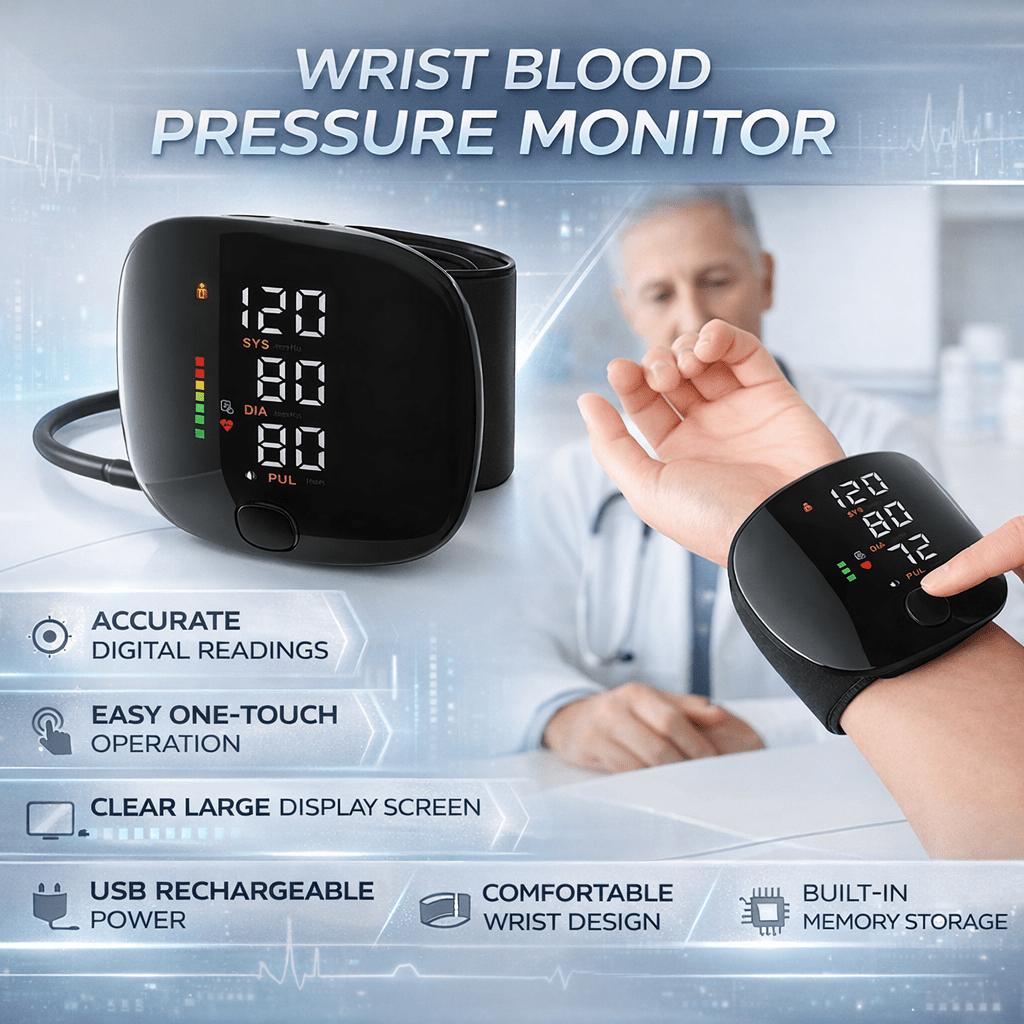 Digital Wrist Blood Pressure Monitor USB Rechargeable Home Use