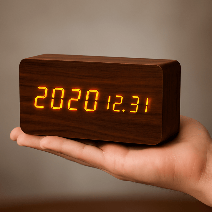 Wooden LED Digital Alarm Clock Adjustable Display Square Shape