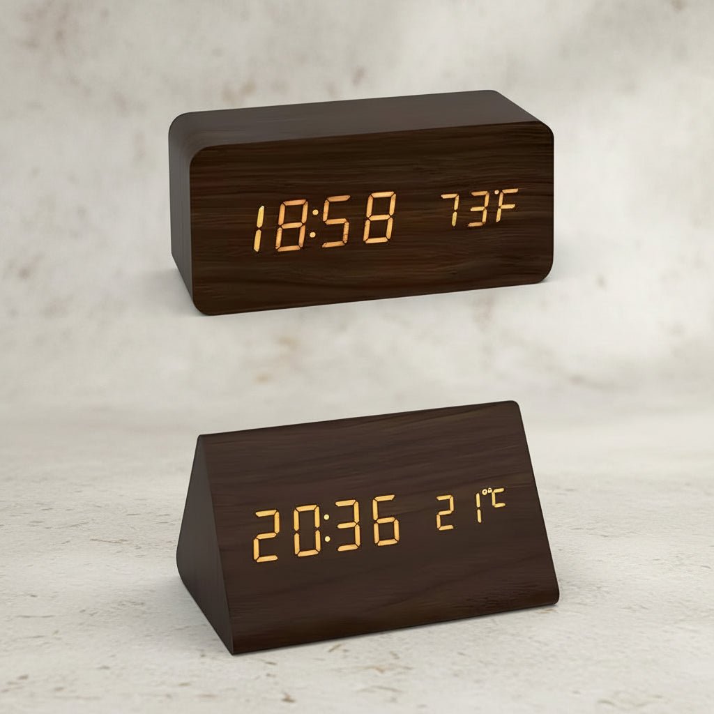 Wooden LED Digital Alarm Clock Adjustable Display Square Shape