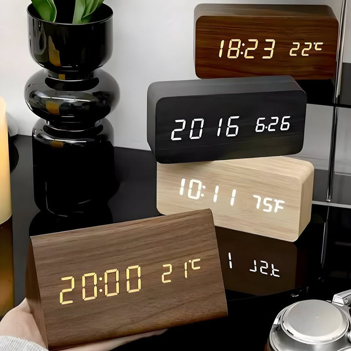 Wooden LED Digital Alarm Clock Adjustable Display Square Shape