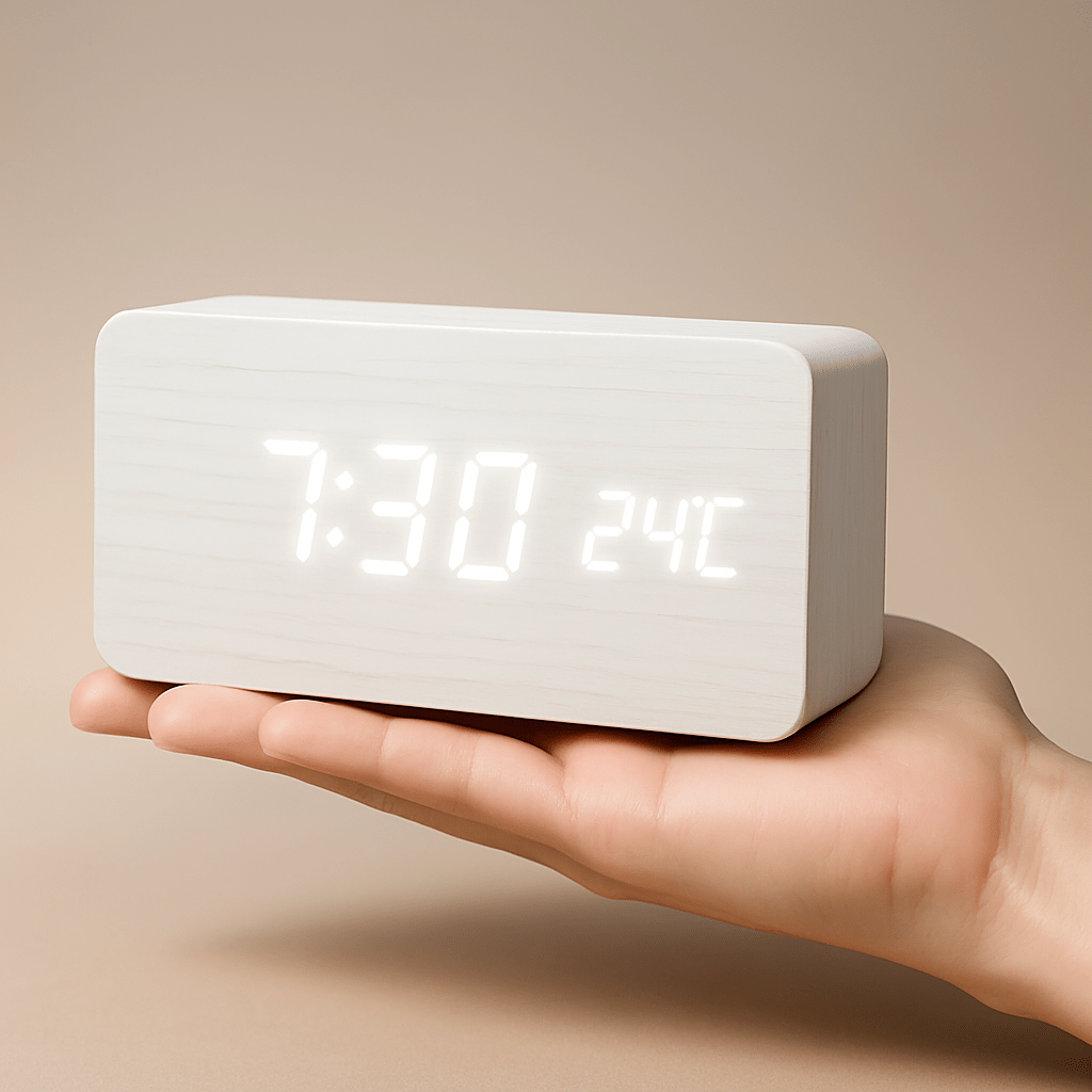 Wooden LED Digital Alarm Clock Adjustable Display Square Shape