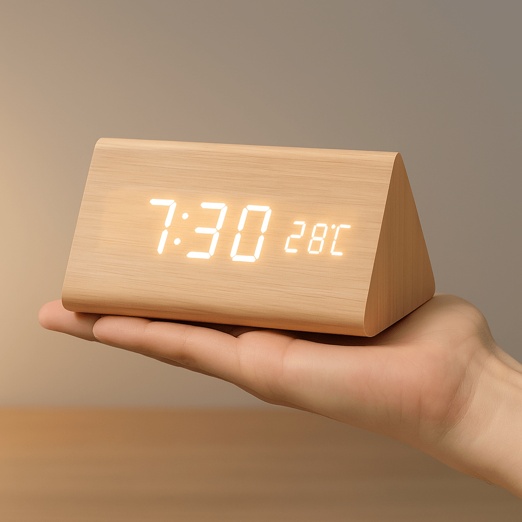 Wooden LED Digital Alarm Clock Adjustable Display Square Shape