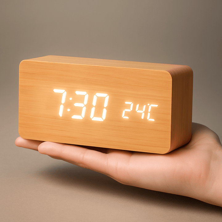 Wooden LED Digital Alarm Clock Adjustable Display Square Shape