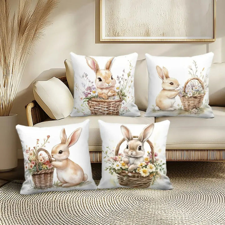 Square Cushion Covers Set 4 Pieces Easter Floral Bunny Design
