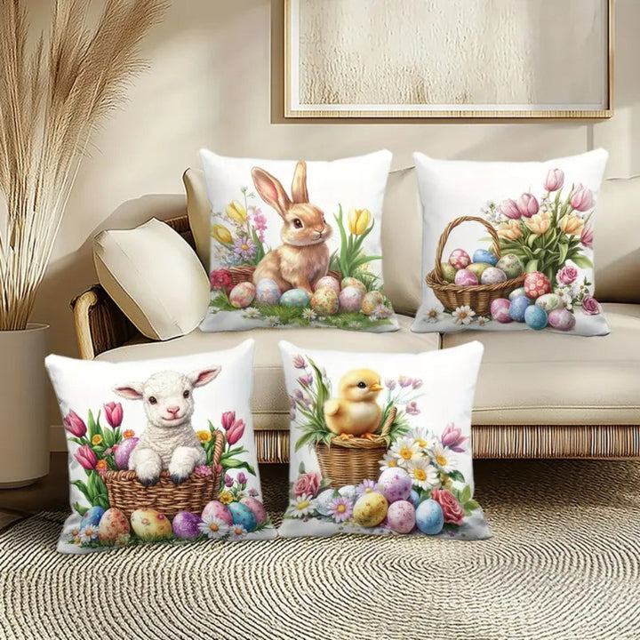 Square Cushion Covers Set 4 Pieces Easter Floral Bunny Design