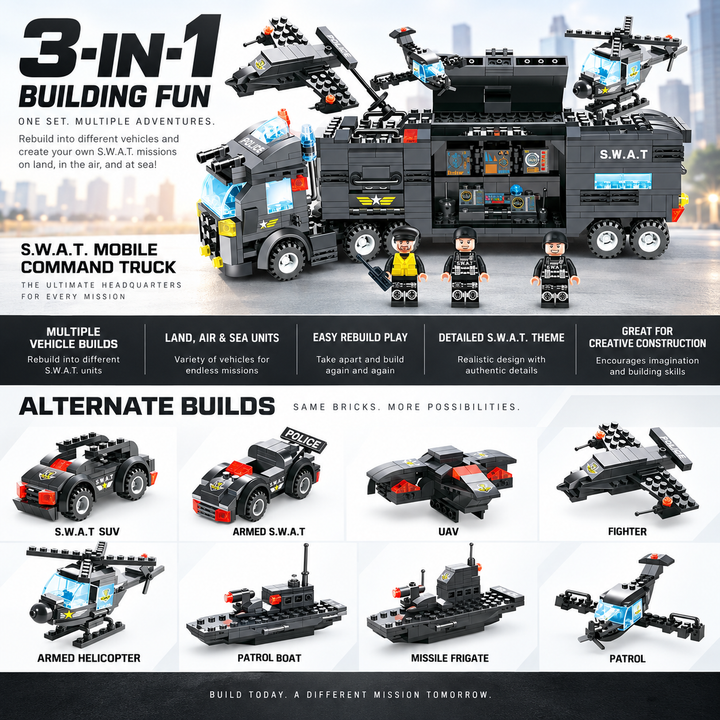 8 in 1 City Police SWAT Building Blocks Truck Set for Kids