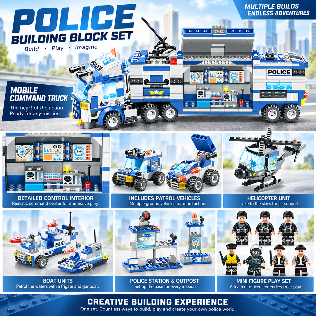 8 in 1 City Police SWAT Building Blocks Truck Set for Kids