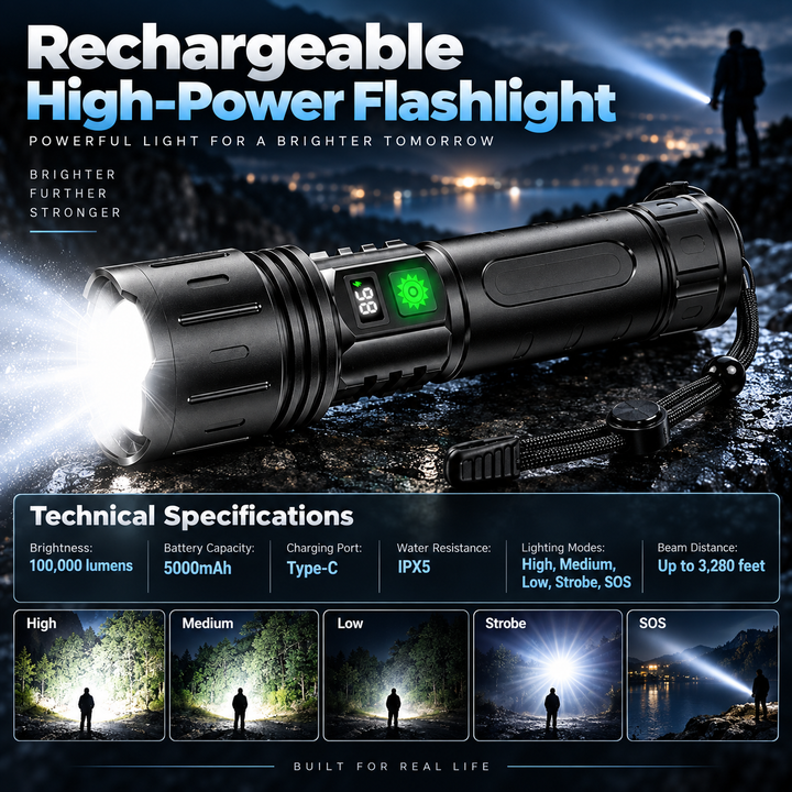 100000 Lumen LED Flashlight Rechargeable Waterproof Torch