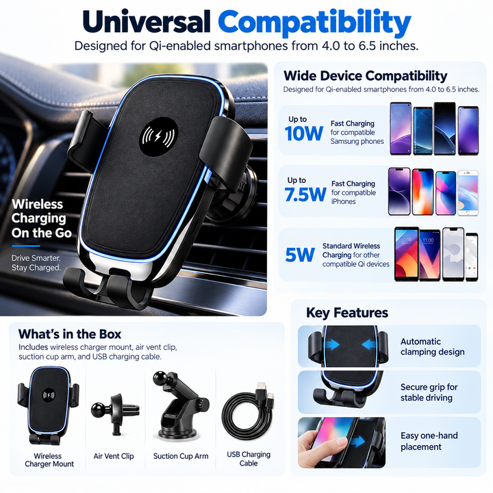 Wireless Car Charger Auto Clamping Fast Charging Phone Mount