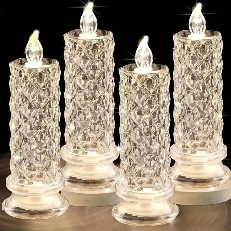 LED Crystal Pillar Candles Set of 4 Battery Operated Flameless Lights