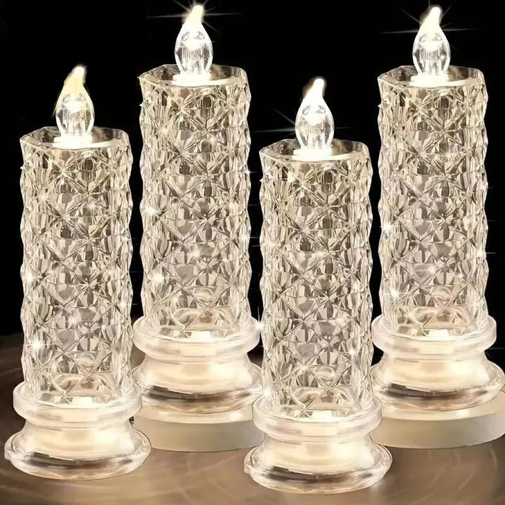 LED Crystal Pillar Candles Set of 4 Battery Operated Flameless Lights