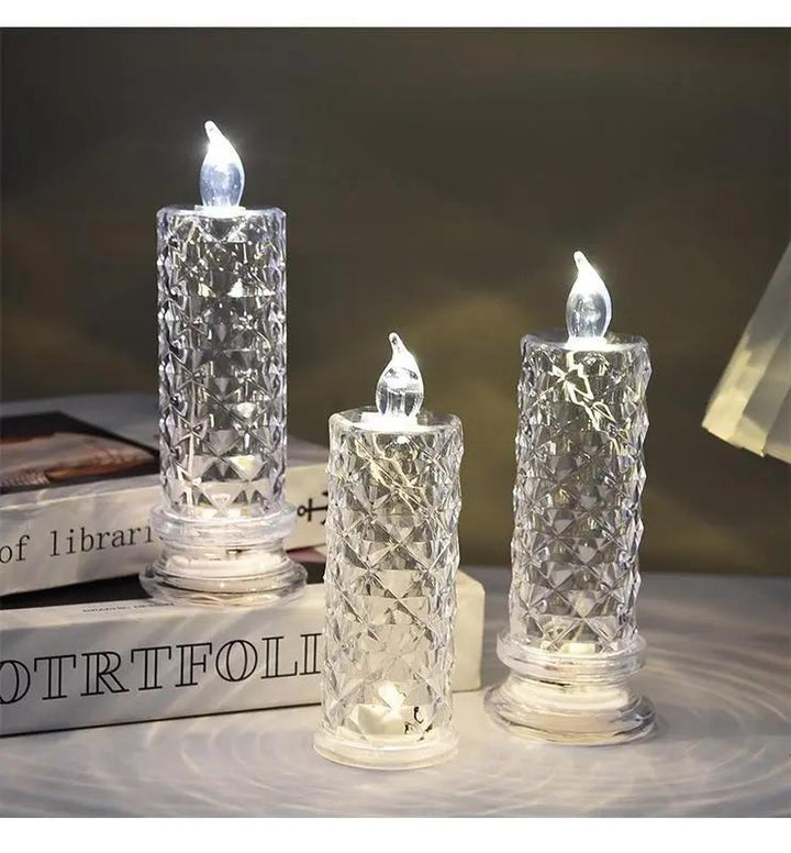 LED Crystal Pillar Candles Set of 4 Battery Operated Flameless Lights