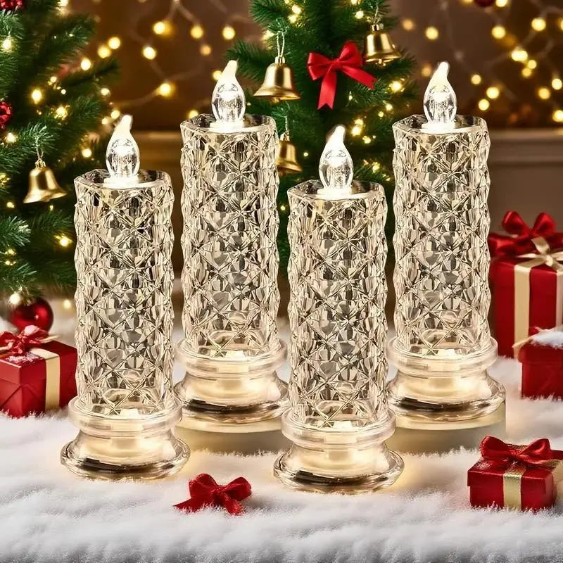 LED Crystal Pillar Candles Set of 4 Battery Operated Flameless Lights