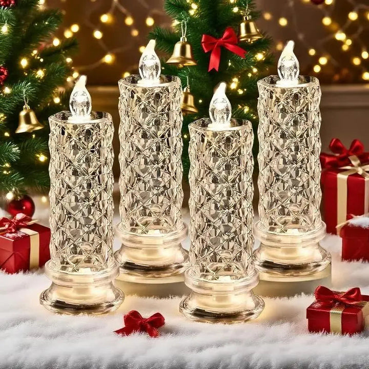 LED Crystal Pillar Candles Set of 4 Battery Operated Flameless Lights