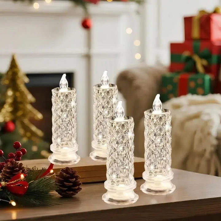 LED Crystal Pillar Candles Set of 4 Battery Operated Flameless Lights