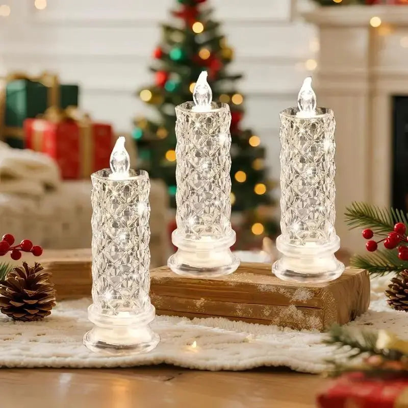 LED Crystal Pillar Candles Set of 4 Battery Operated Flameless Lights