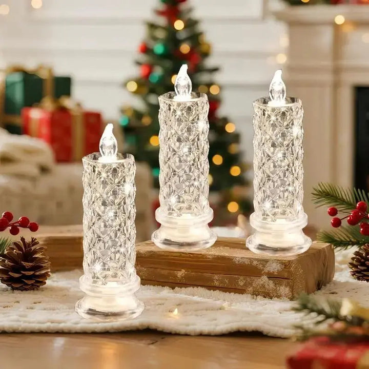 LED Crystal Pillar Candles Set of 4 Battery Operated Flameless Lights