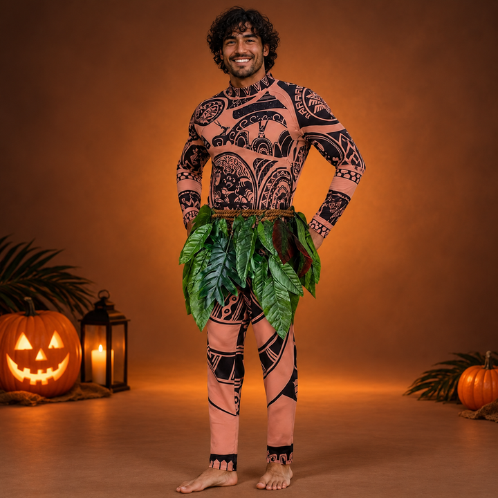Maui Costume with Tattoo Print and Leaf Skirt Halloween Costume