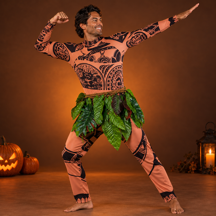 Maui Costume with Tattoo Print and Leaf Skirt Halloween Costume