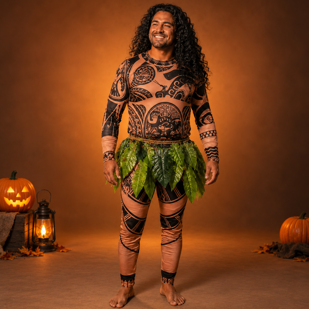 Maui Costume with Tattoo Print and Leaf Skirt Halloween Costume