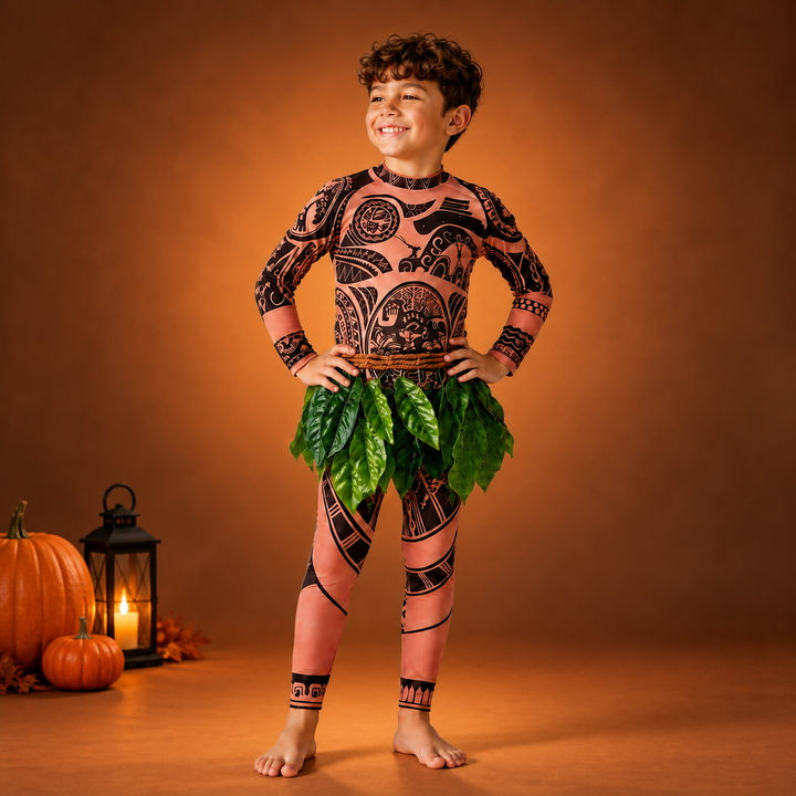 Maui Costume with Tattoo Print and Leaf Skirt Halloween Costume