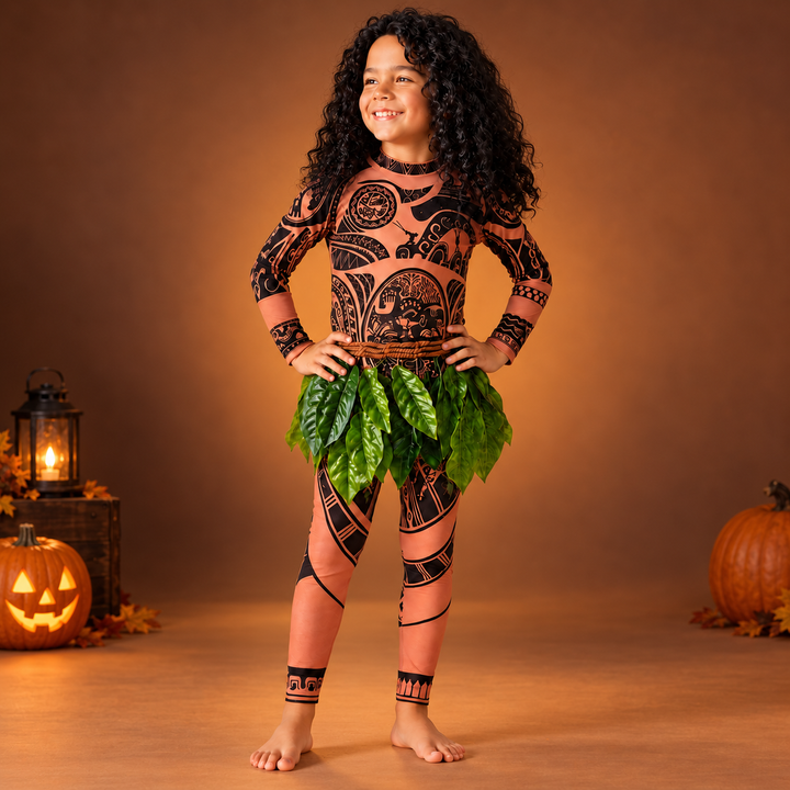 Maui Costume with Tattoo Print and Leaf Skirt Halloween Costume