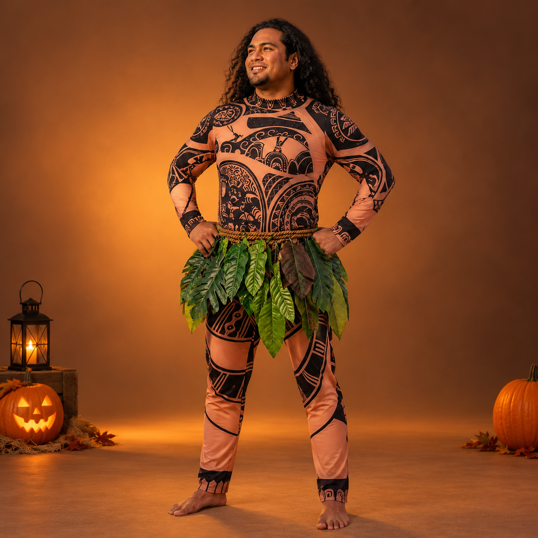 Maui Costume with Tattoo Print and Leaf Skirt Halloween Costume