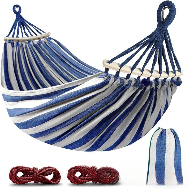 Double Canvas Hammock with Wooden Spreaders Anti-Roll Swing Bed