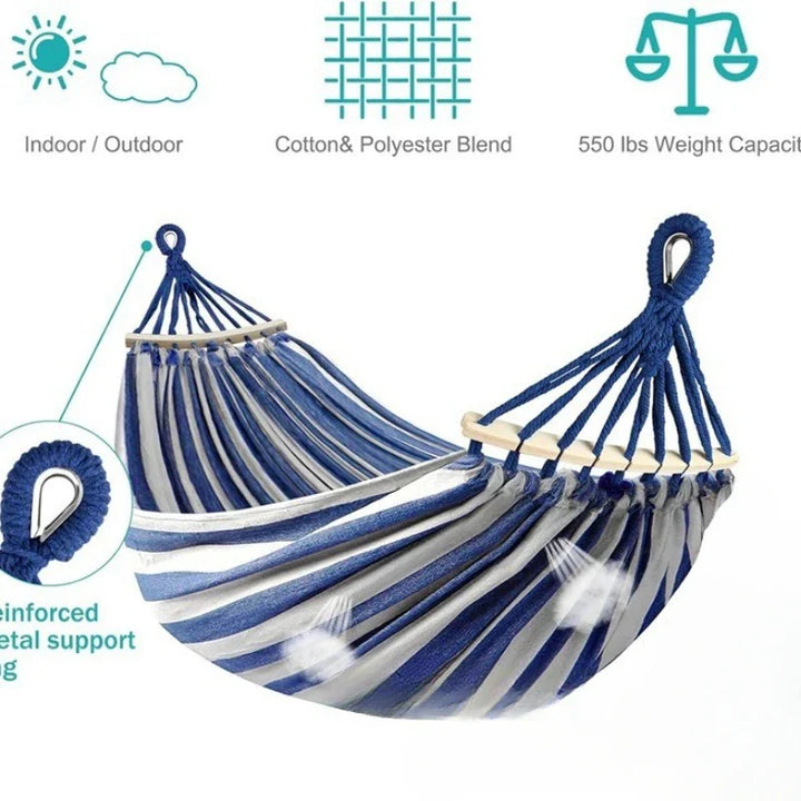 Double Canvas Hammock with Wooden Spreaders Anti-Roll Swing Bed