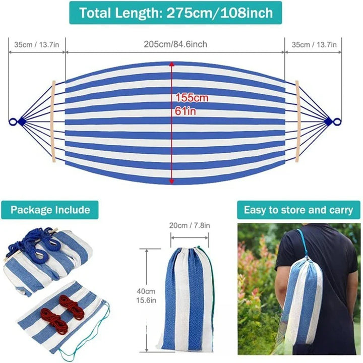 Double Canvas Hammock with Wooden Spreaders Anti-Roll Swing Bed