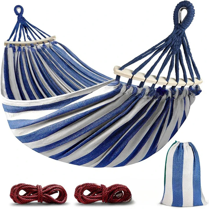 Double Canvas Hammock with Wooden Spreaders Anti-Roll Swing Bed