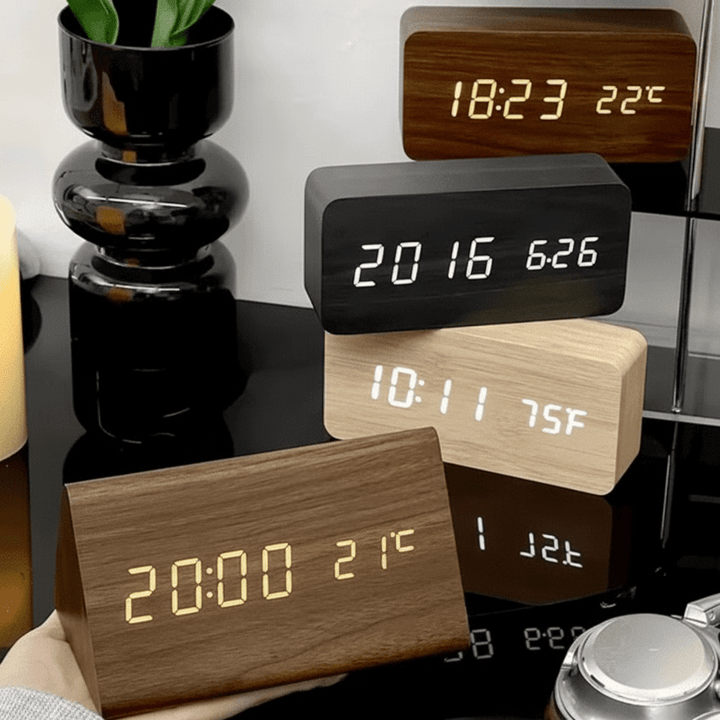 Wooden LED Digital Desk Clock Voice Control Adjustable Brightness