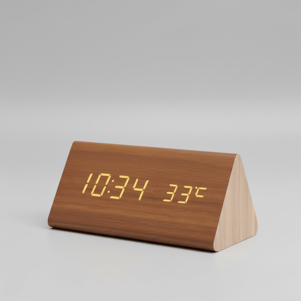Wooden LED Digital Desk Clock Voice Control Adjustable Brightness