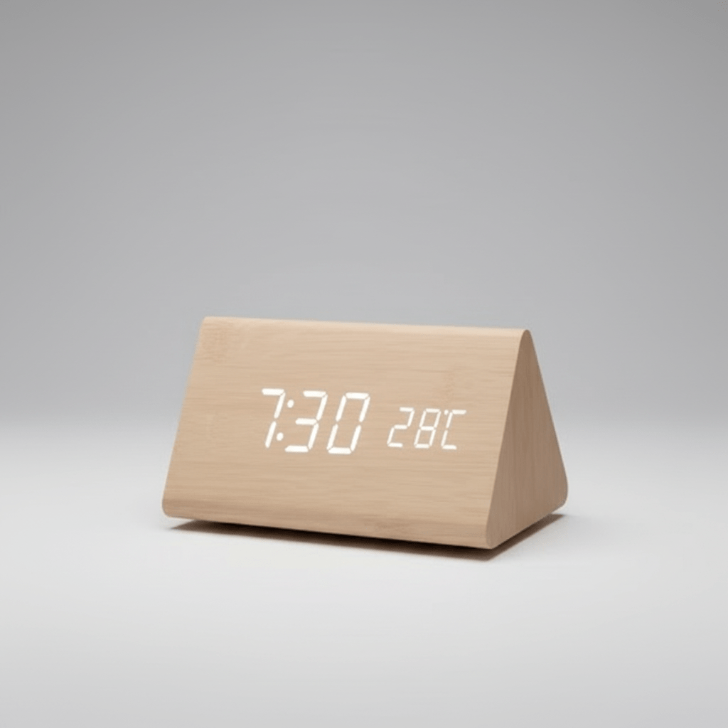 Wooden LED Digital Desk Clock Voice Control Adjustable Brightness