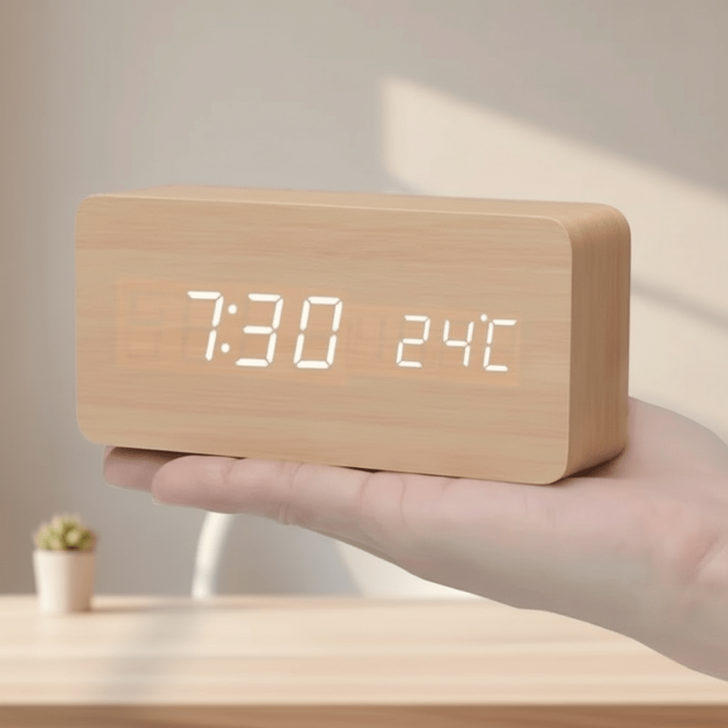 Wooden LED Digital Desk Clock Voice Control Adjustable Brightness