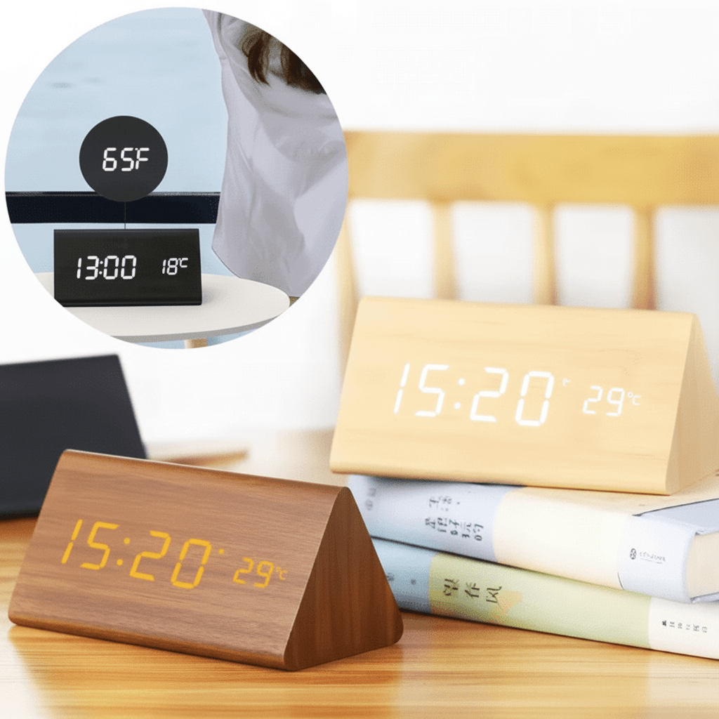 Digatal Desk Clock Wooden LED Digital Desk Clock Voice Control Adjustable Brightness – Roovue