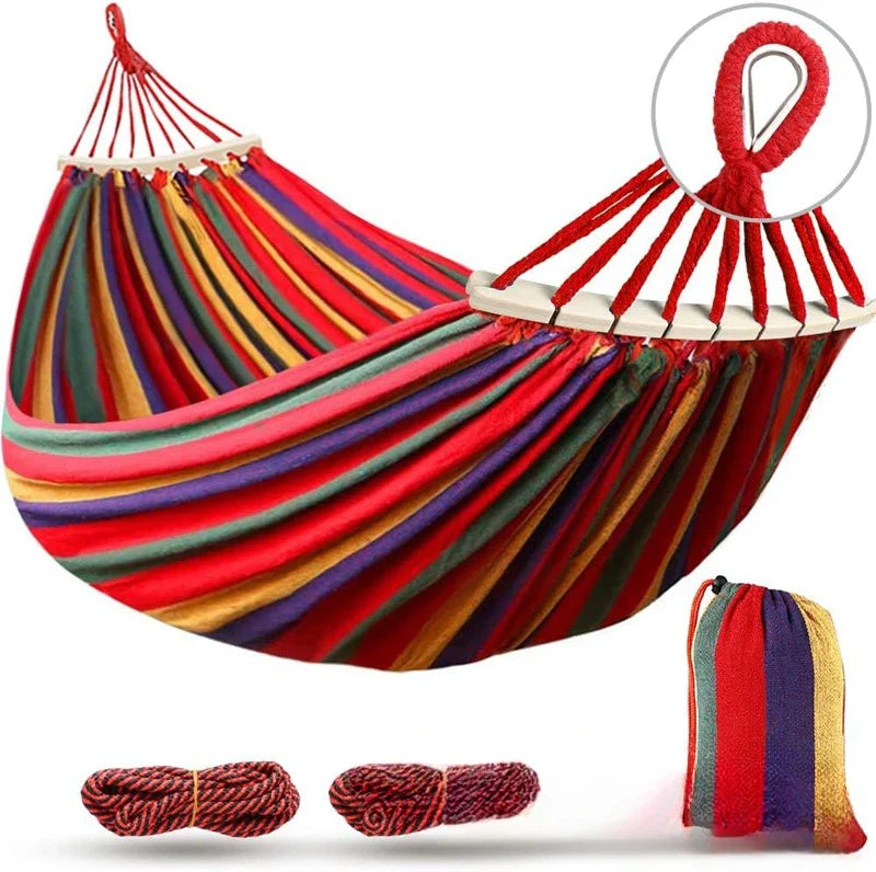 Double Canvas Hammock with Wooden Spreaders Anti-Roll Swing Bed