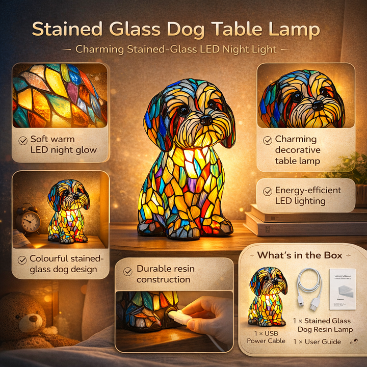 Dog Shape Table Lamp LED Night Light Stained Glass Style