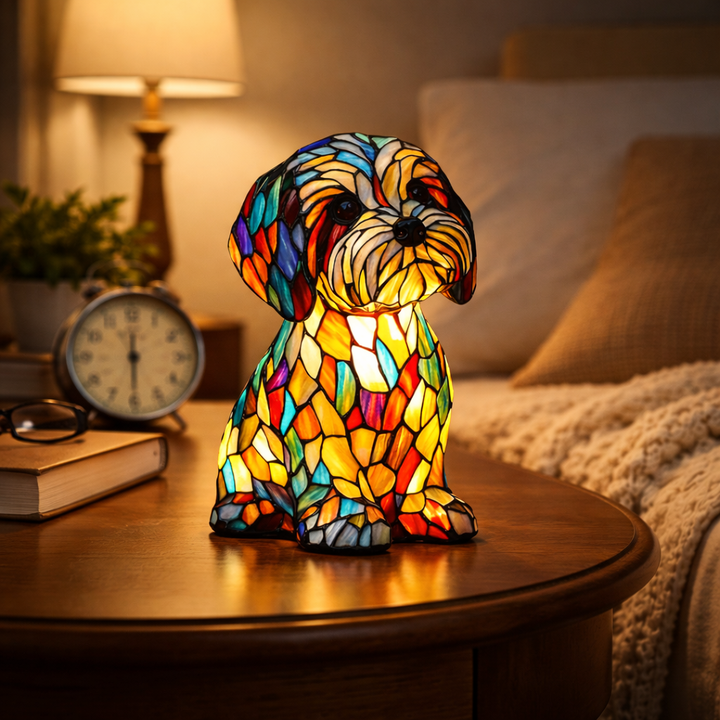 Dog Shape Table Lamp LED Night Light Stained Glass Style