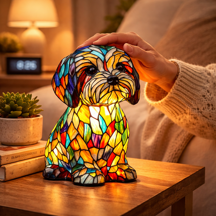 Dog Shape Table Lamp LED Night Light Stained Glass Style