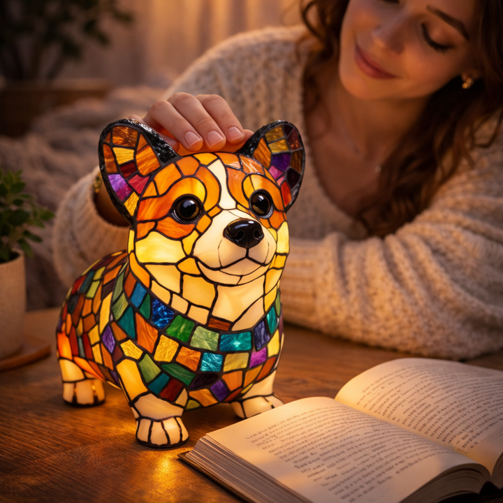 Dog Shape Table Lamp LED Night Light Stained Glass Style
