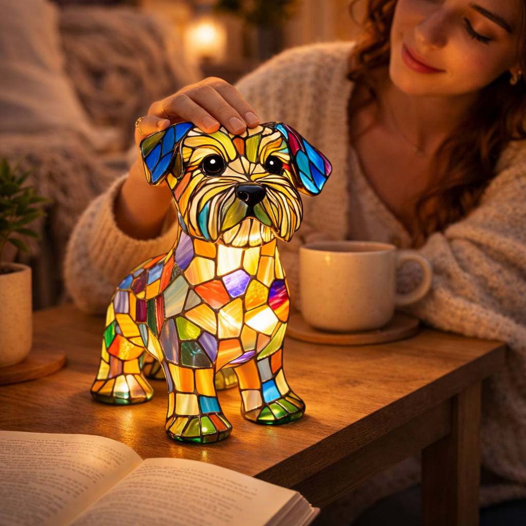 Dog Shape Table Lamp LED Night Light Stained Glass Style